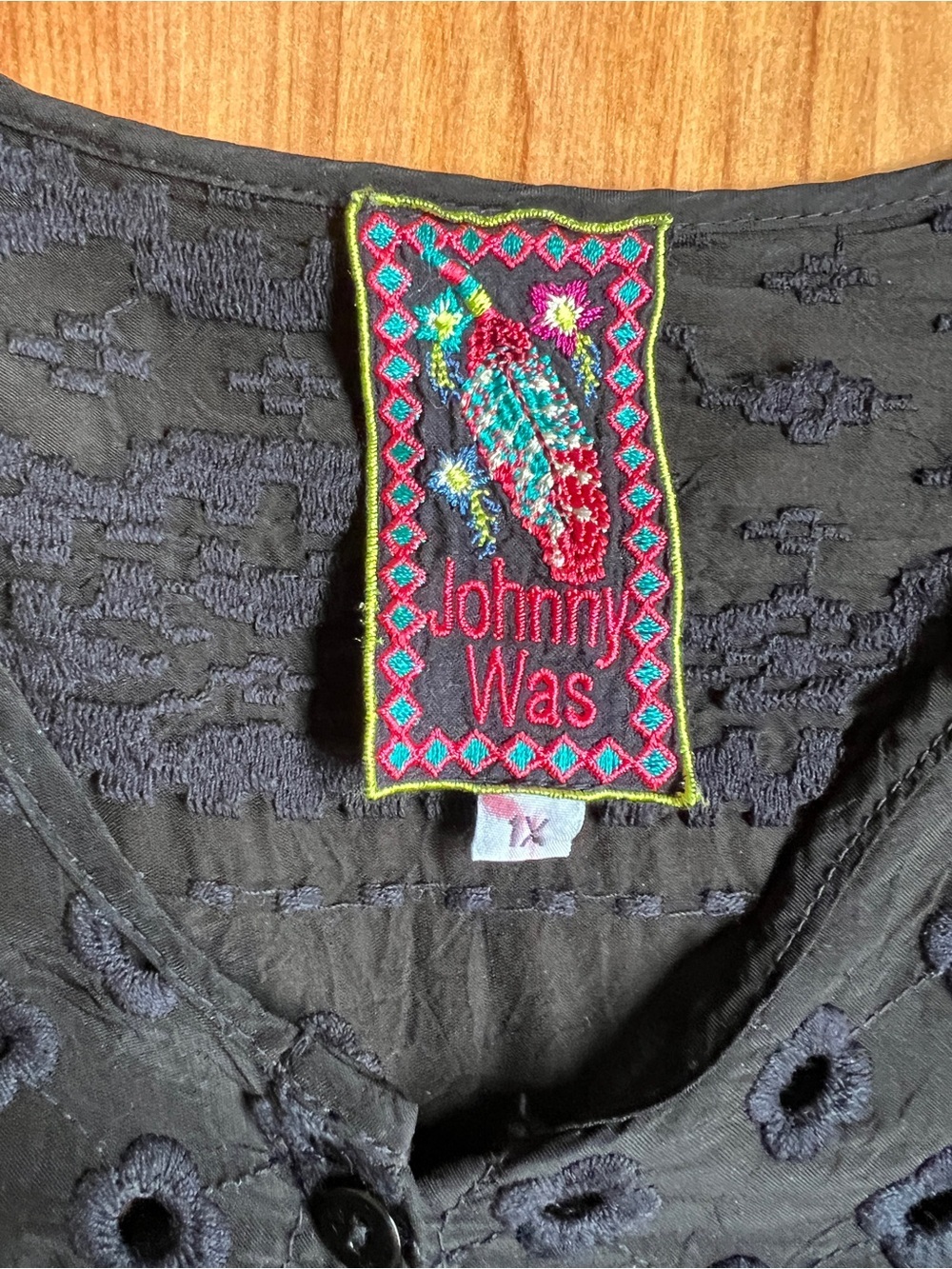 Johnny Was Black Eyelet Button Front Drawstring Peasant Blouse - Picture 2 of 10